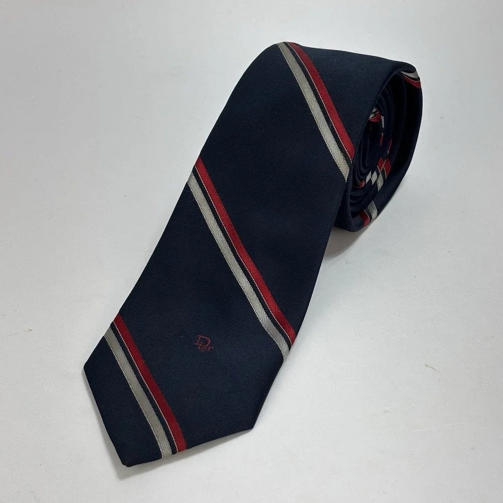 Vintage Christian Dior Necktie Diagonal Red Blue Silver Stripe Polyester Blend